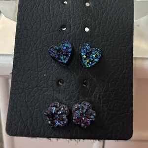 Blue Glitter Heart and Purple Glitter Flower Stud Earrings